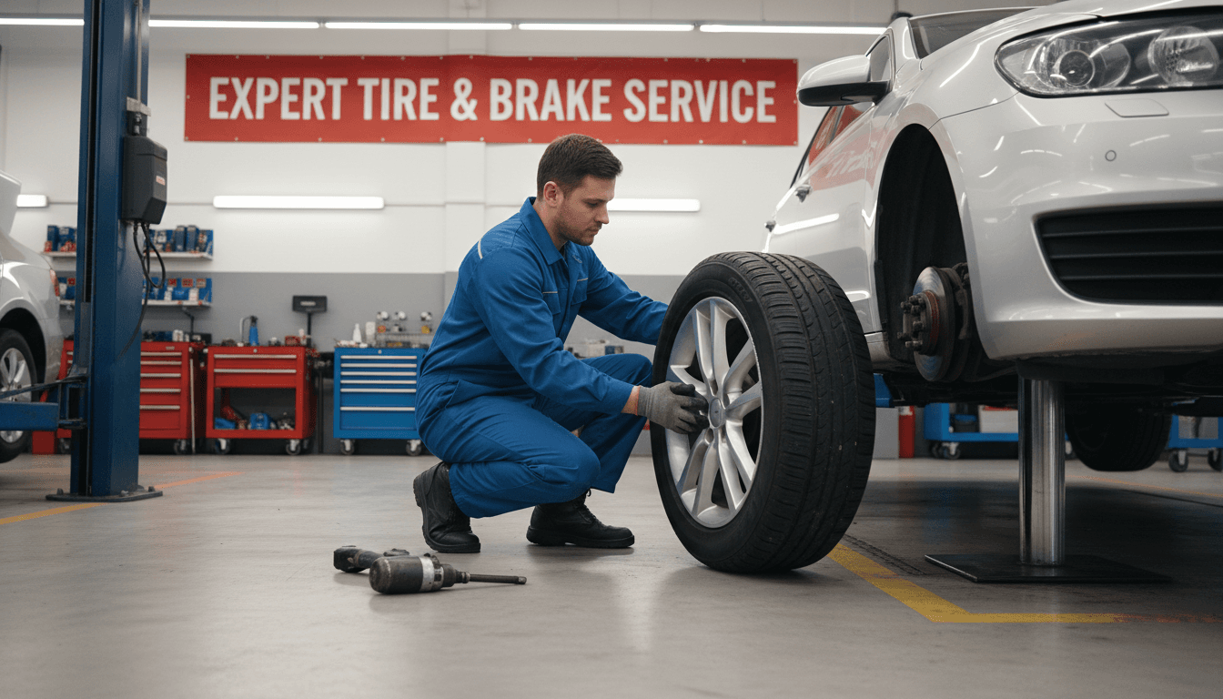 Technician mounting a tire on a vehicle in a professional shop