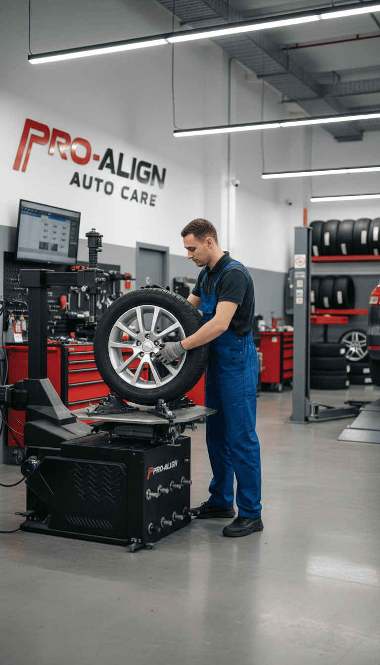 Technician mounting a tire on a wheel in a clean auto shop