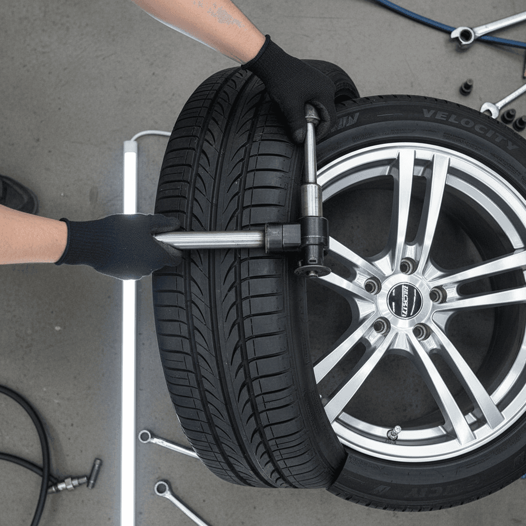 Focused mechanic working on a wheel in a tidy garage