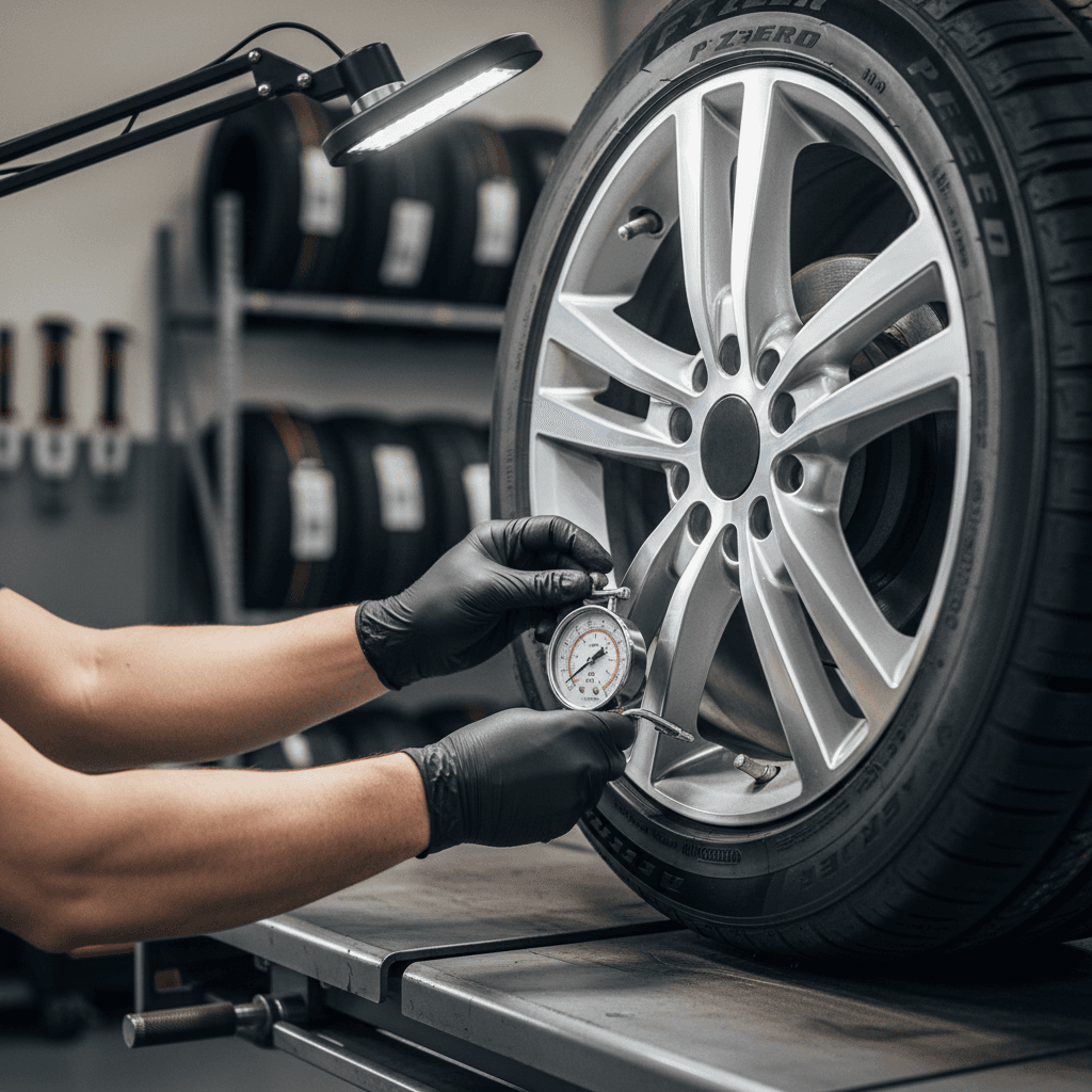 Technician checking tire pressure with a digital gauge at a service station