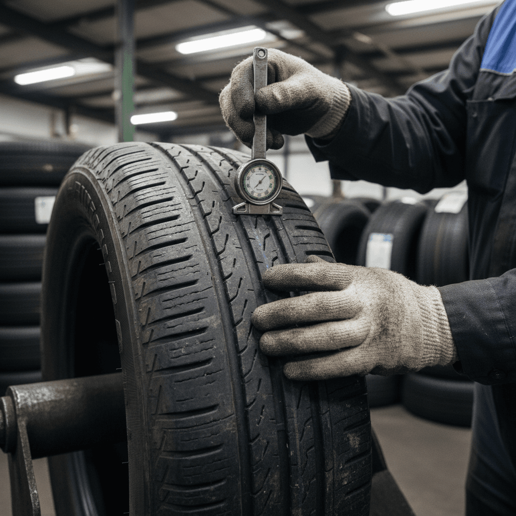 Mechanic measuring tire tread depth with a gauge in a professional auto shop