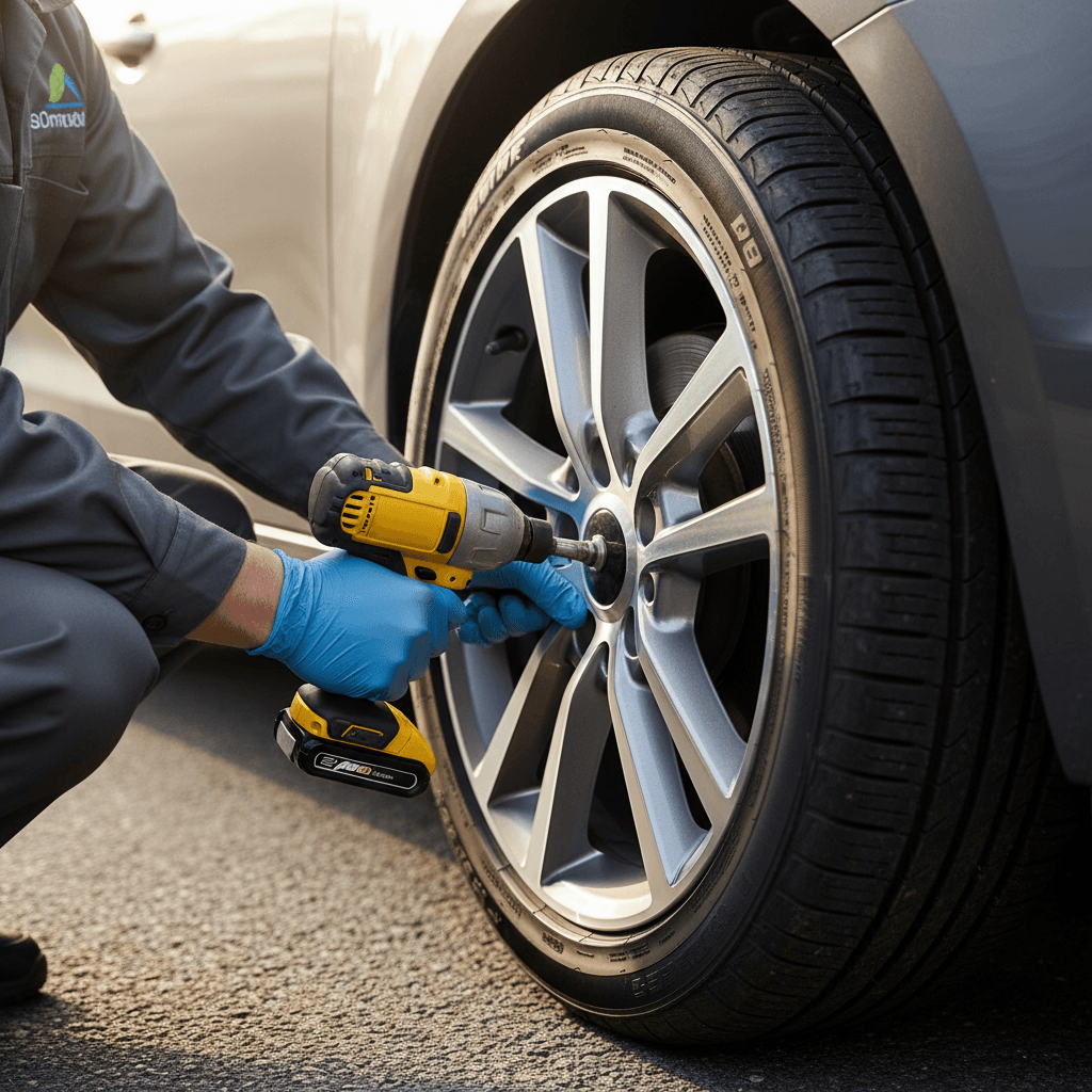 Person inserting a penny into tire tread to check depth in a driveway
