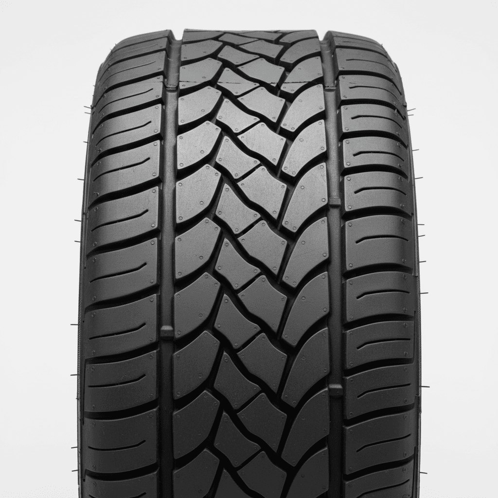 Close-up of worn tire tread showing uneven wear pattern on the edge