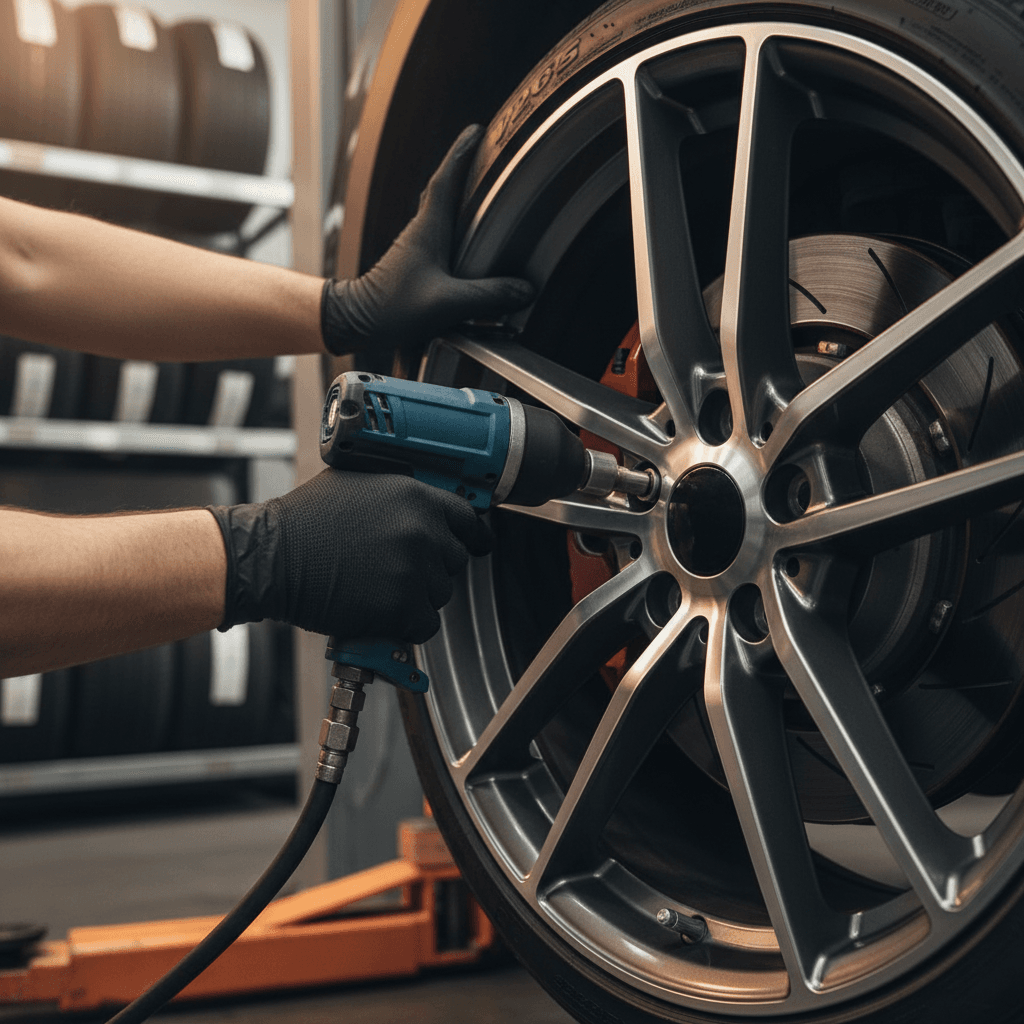 Mechanic installing a tire onto a wheel in the workshop