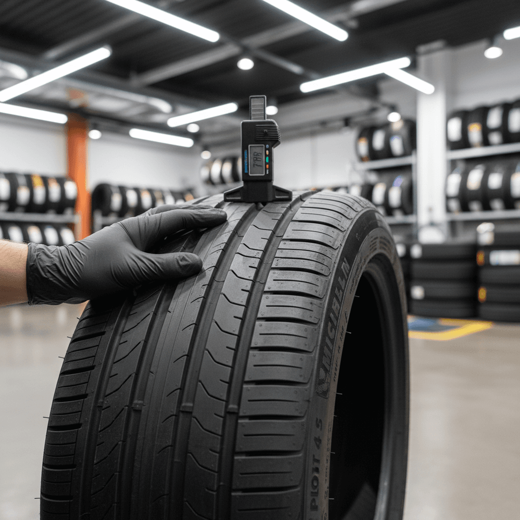 Technician using tool to check tire tread depth