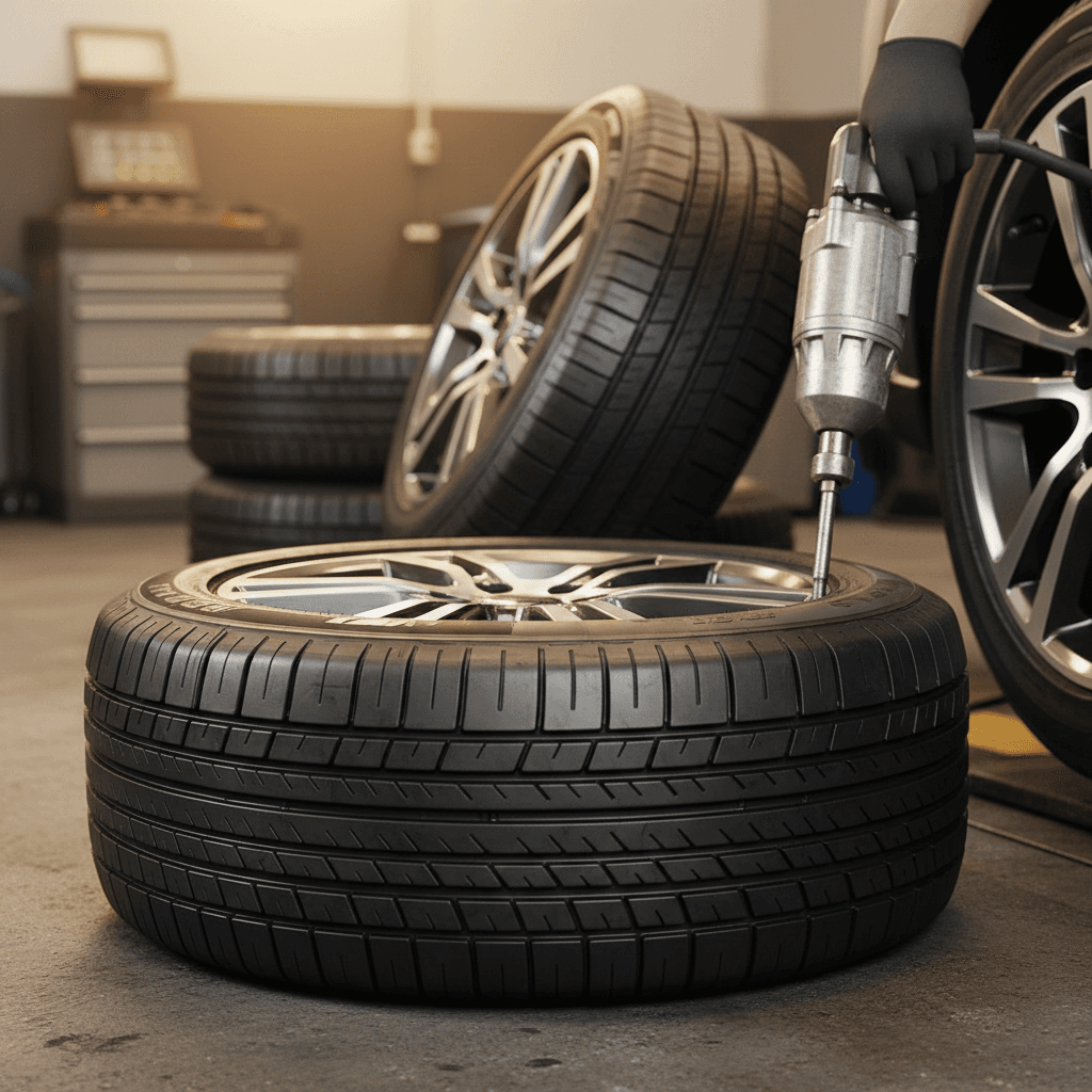 Tire technician speaking with a customer in the service bay